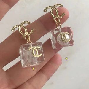 Ice cube acrylic cube middle age stud earrings s925 silver needle